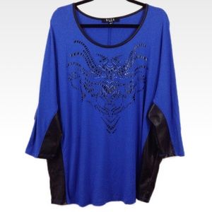 BLEU | 3X | Blue & Leather Studded Batwing Top